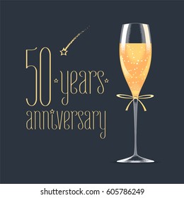 50 years anniversary vector icon,  logo. Graphic design element with golden lettering and glass of champagne for 50th anniversary greeting card or banner