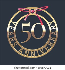 50 years anniversary vector icon, symbol. Graphic design element or logo with golden medal and red ribbon for 50th anniversary