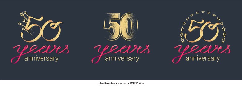 50 Years Anniversary Vector Icon,  Logo Set. Graphic Design Element With Lettering And Red Ribbon For  Celebration Of 50th Anniversary 