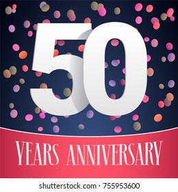 50 years anniversary vector icon, logo. Template design, banner  with festive background and cut out numbers for 50th anniversary greeting card 