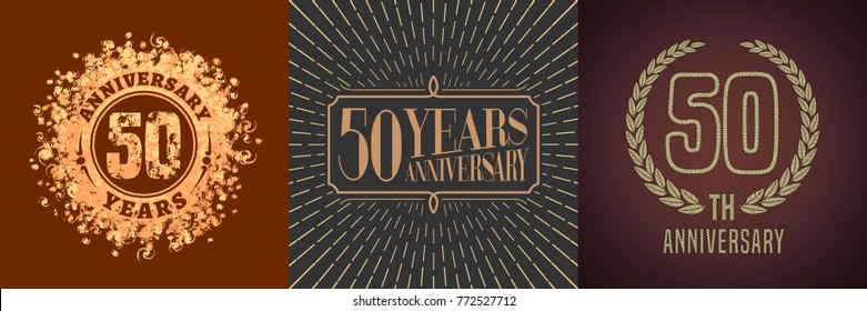 50 years anniversary vector icon,  logo set. Graphic gold color design elements for 50th anniversary decoration 