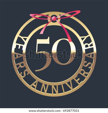 50 years anniversary vector icon, symbol. Graphic design element or logo with golden medal and red ribbon for 50th anniversary