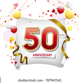 50 years anniversary vector illustration, banner, flyer, logo, icon, symbol. Graphic design element with flag, balloon, ribbon, confetty. Birthday greeting, event celebration