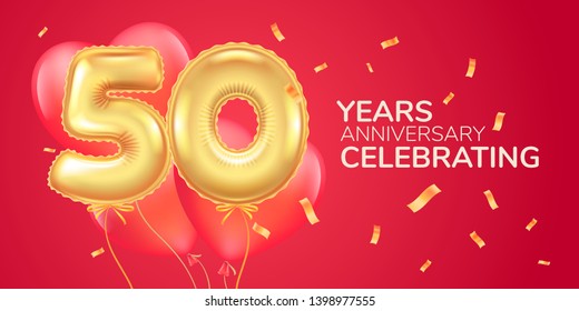 50 Years Anniversary Vector Logo, Icon. Template Banner With Heart  Air Hot Balloon For 50th Anniversary Greeting Card 