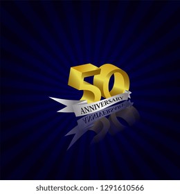 50 years anniversary Vector Template Design with golden color and silver ribbon isolated on blue sunburst background illustration for celebration event - Vector
