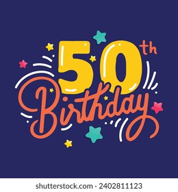 50 years birthday celebrating modern and colorful typography illustration. 50 Year Anniversary Logo, Vector Template Design element for birthday, invitation, wedding, jubilee and greeting card.