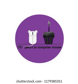 50 years to computer mouse. Happy birthday mouse 2018. vector illustration PC device on color violet background . Round icon with computer mouse and capecake with candle. Greeting text