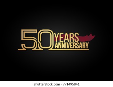 50 Years gold Anniversary celebration logotype using multi linear number with red ribbon isolated on black background.