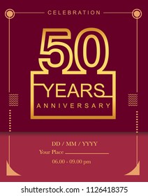 50 years golden anniversary design line style with square golden color for anniversary celebration event.