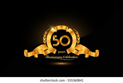 50 years golden anniversary logo celebration with ribbon and laurel.