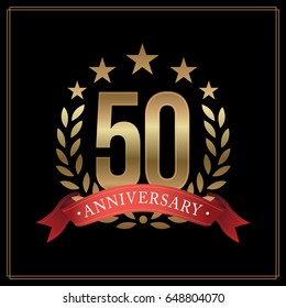 50 years golden anniversary logo, with star, red ribbon, and  laurel wreath isolated on black background, vector design