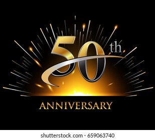 50 years golden anniversary logo celebration with firework and swoosh on dark background