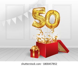 50 years of Golden balloons. The celebration of the anniversary. Balloons with sparkling confetti fly out of the box, number 50. Birthday or wedding decorations. Vector illustration