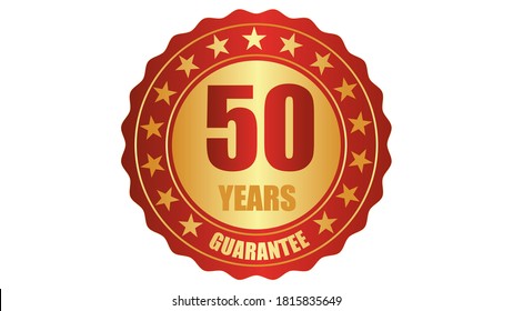 50 years guarantee stamp icon or a guarantee tag, badge, label, original certified concept seal vector illustration, logo isolated on white background and golden red text