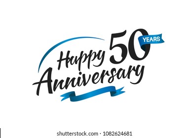 50 years happy anniversary celebration with blue swoosh and blue ribbon isolated on white background 