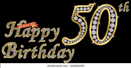 50 years happy birthday golden sign with diamonds, vector illustration svg