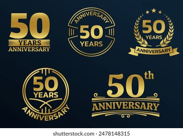 50 years icon or logo set. 50th anniversary celebrating golden sign or stamp. Jubilee, birthday celebration design element. Vector illustration.