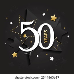 50 YEARS metallic gold and black vector typography card with stars