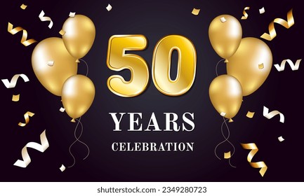 50 years old. Anniversary Celebration. Golden numbers and balloons. 