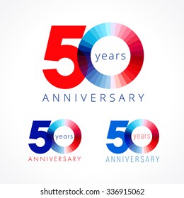 50 years old celebrating logo concept. Illustration of anniversary numbers 50 th. Shining congratulating logotypes set. Stained disk digit. 50% percent off. Isolated abstract graphic design template.