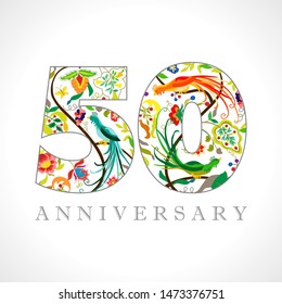 50 years old logotype. 50 th anniversary numbers. Decorative symbol. Age congrats with peacock birds. Isolated abstract graphic design template. Royal coloured digits. Up to 50% percent off discount.