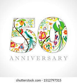 50 years old logotype. 50 th anniversary numbers. Decorative symbol. Age congrats with peacock birds. Isolated abstract graphic design template. Royal colorful digits. Up to 50% percent off discount.