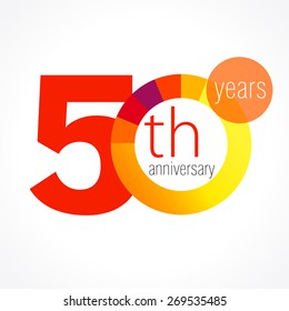 50 Years Old Round Logo. Anniversary Year Of 50 Th Vector Chart Template Medal. Birthday Greetings Circle Celebrates. Celebrating Numbers. Colorful Digits. Figures Of Ages, Cut Sections. Letter O Red.