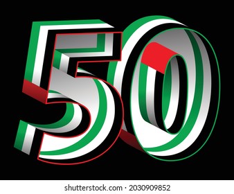 50 years of UAE. Celebrating National Day. Illustration of UAE National Flag and colors in the shape of number 50. Spirit of the Union. The 7 Sheikhs of the seven Emirates.