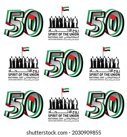 50 years of UAE. Celebrating National Day. Illustration of UAE National Flag and colors in the shape of number 50. Spirit of the Union. The 7 Sheikhs of the seven Emirates.