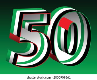 50 years of UAE. Celebrating National Day. Illustration of UAE National Flag and colors in the shape of number 50. Spirit of the Union. The 7 Sheikhs of the seven Emirates.