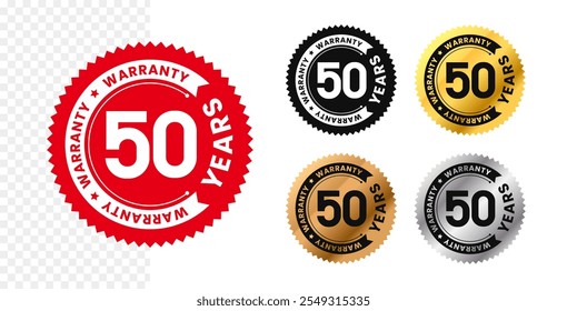 50 years warranty in circle. Fifty years warranty with circular text. Red, black, gold, silver, bronze premium color. For sticker, label, badge, icon, sign, emblem, stamp, logo, seal, symbol. Vector