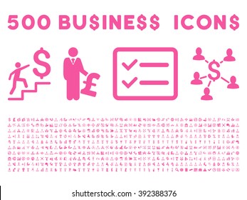 500 American and British business vector icons. Style is pink flat icons on a white background.