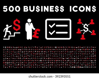 500 American and British business vector icons. Style is bicolor red and white flat icons on a black background.