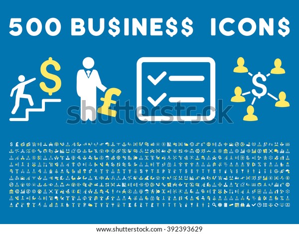 500 American\
and British business vector icons. Style is bicolor yellow and\
white flat icons on a blue\
background.