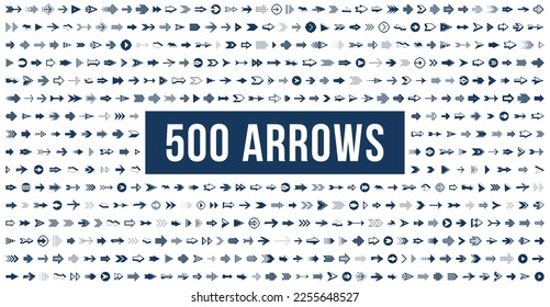 500 arrow symbols huge set of different shapes styles and concepts, cursors for icons or logo creation, single color monochrome logotypes.