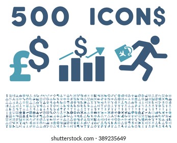 500 Business vector icons. Dollar and pound currency. Style is bicolor cyan and blue flat symbols on a white background.