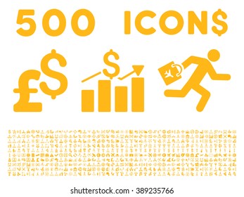 500 Business vector icons. Dollar and pound currency. Style is yellow flat symbols on a white background.