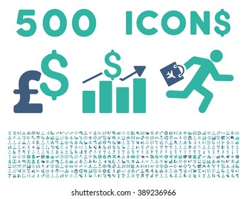 500 Business vector icons. Dollar and pound currency. Style is bicolor cobalt and cyan flat symbols on a white background.