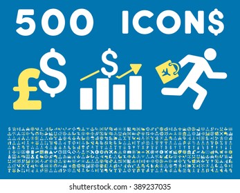 500 Business vector icons. Dollar and pound currency. Style is bicolor yellow and white flat symbols on a blue background.