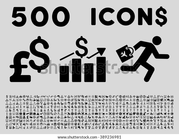 500 Business\
vector icons. Dollar and pound currency. Style is black flat\
symbols on a light gray\
background.