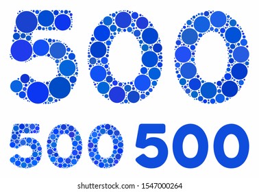 500 digits text mosaic of filled circles in different sizes and color tones, based on 500 digits text icon. Vector filled circles are united into blue mosaic.