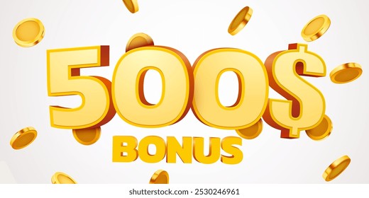 500 dollars bonus with podium and falling golden coins. Cashback or prize concept. Vector illustration