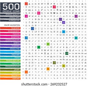 500 doodle icons. Sketch drawing line vector pictogram set: web, mobile, business, finance, social media, technology, medical, education, sport, ecology, logistic, security, hands gesture illustration