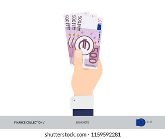 500 Euro Banknote. Hand gives money. Flat style vector illustration. Salary payout or corruption concept.