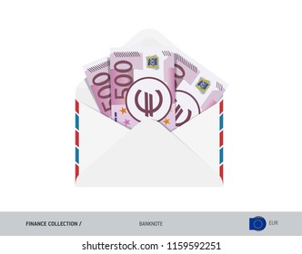 500 Euro Banknotes in envelope. Flat style opened white envelope with cash. Salary payout or corruption concept.