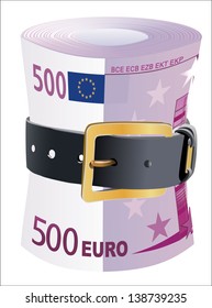 500 euro notes squeezed by leather belt on a white background