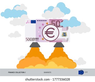 500 Euro steigen als Rakete auf. Flache Vektorgrafik.