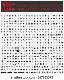 500+ Icons: Internet, Business, Money, Fashion, Repair, Aviation, Leisure, Music. Vector Illustration. EPS10