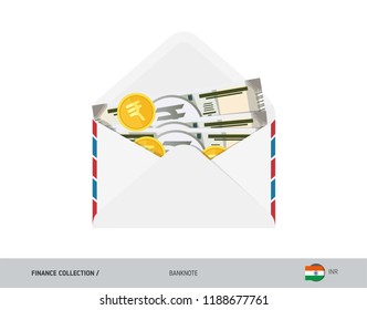 500 Indian Rupee Banknote. Flat style opened envelope with cash. Indian Rupee banknotes and coins. Salary payout or corruption concept.