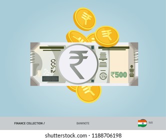 500 Indian Rupee Banknote with flying coins. Flat style vector illustration. Finance concept.